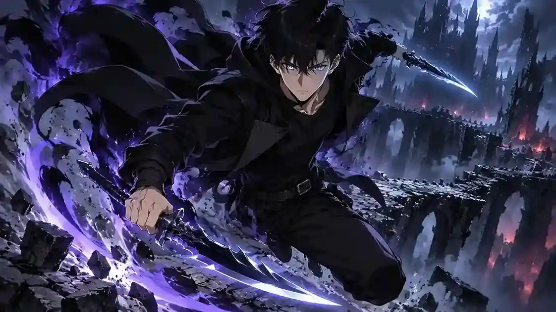 Solo Leveling poster showing Sung Jinwoo in dark-fantasy action pose