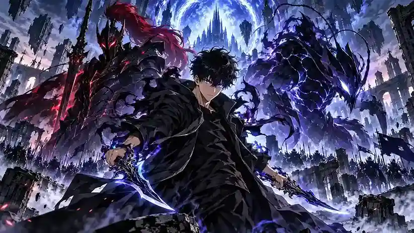 Solo Leveling anime characters with cinematic backdrop