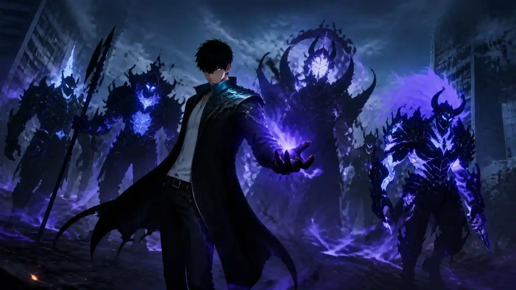 Sung Jinwoo summoning shadows in Solo Leveling: Arise - in-game screenshot